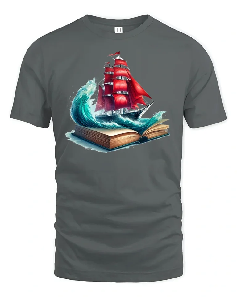 Adventure Awaits Red Sail Ship Tee - gray t-shirt on white background