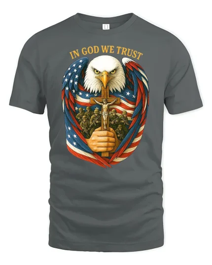 In God We Trust Bald Eagle T-shirt - gray t-shirt on white background