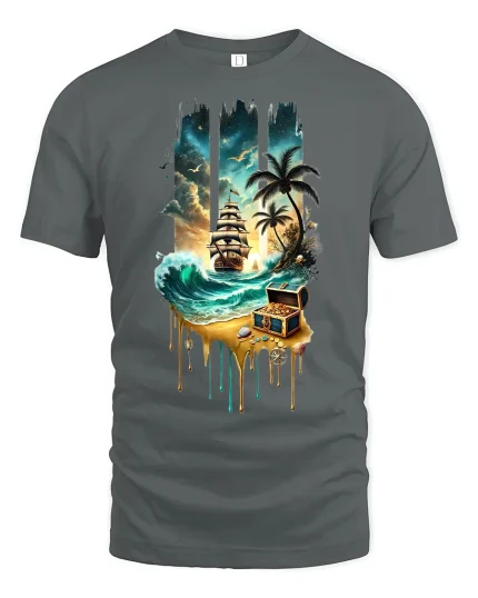Pirate Treasure Island Ship Adventure Tee - gray t-shirt on white background