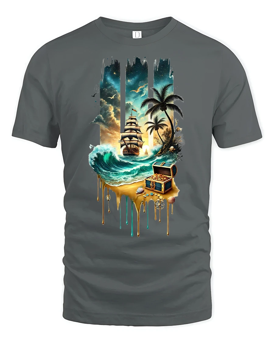 Pirate Treasure Island Ship Adventure Tee - 1 Pirate Treasure Island Ship Adventure Tee - gray t-shirt on white background