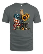 Memorial Sunflower Tee USA Veteran Tribute - gray t-shirt on white background