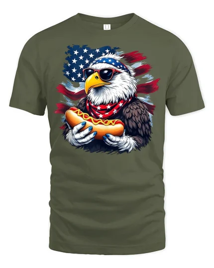 Patriotic Eagle Hot Dog T-Shirt - military green t-shirt on white background