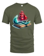 Adventure Awaits Red Sail Ship Tee - military green t-shirt on white background