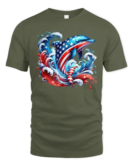 American Flag Dolphin T-Shirt - military green t-shirt on white background