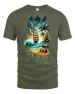 Pirate Treasure Island Ship Adventure Tee - military green t-shirt on white background