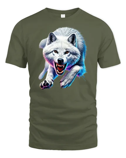 White Wolf T-Shirt Wild Animal Attack - military green t-shirt on white background