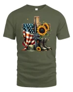 Memorial Sunflower Tee USA Veteran Tribute - military green t-shirt on white background