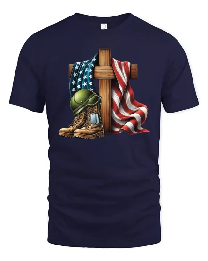 USA Flag Military Tribute T-Shirt - navy t-shirt on white background