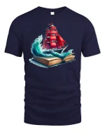Adventure Awaits Red Sail Ship Tee - navy t-shirt on white background
