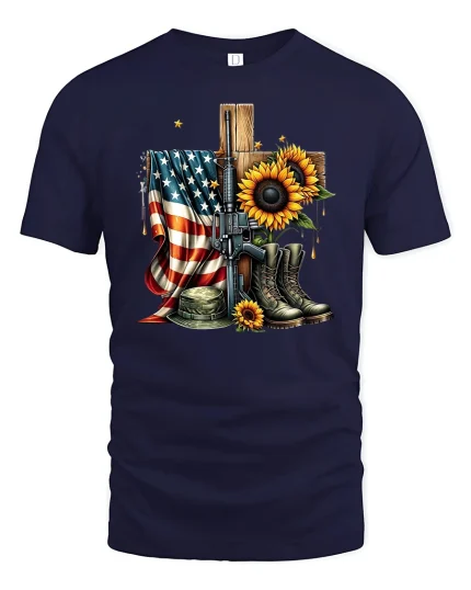 Memorial Sunflower Tee USA Veteran Tribute - navy t-shirt on white background