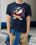 Patriotic Eagle Hot Dog T-Shirt - model wearing Navy T-shirt, hands in pockets, denim shirt at waist