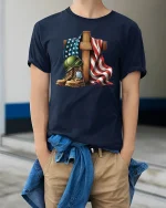 USA Flag Military Tribute T-Shirt - model wearing Navy T-shirt, hands in pockets, denim shirt at waist