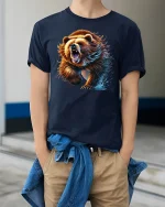 Roaring Grizzly Bear Wild Animal Tee - model wearing Navy T-shirt, hands in pockets, denim shirt at waist