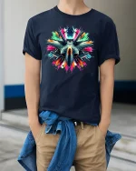Fighter Jet Explosion Graphic T-shirt - model wearing Navy T-shirt, hands in pockets, denim shirt at waist