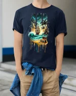 Pirate Treasure Island Ship Adventure Tee - model wearing Navy T-shirt, hands in pockets, denim shirt at waist