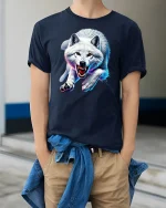White Wolf T-Shirt Wild Animal Attack - model wearing Navy T-shirt, hands in pockets, denim shirt at waist