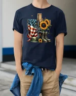Memorial Sunflower Tee USA Veteran Tribute - model wearing Navy T-shirt, hands in pockets, denim shirt at waist