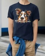 Funny Australian Shepherd Dog Tee - model wearing Navy T-shirt, hands in pockets, denim shirt at waist