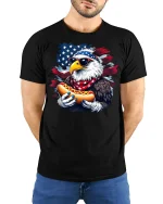Patriotic Eagle Hot Dog T-Shirt - model with hands behind back, wearing Black T-shirt and blue jeans