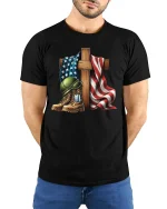 USA Flag Military Tribute T-Shirt - model with hands behind back, wearing Black T-shirt and blue jeans