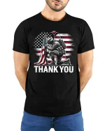 Thank You Soldier American Flag Tee - model with hands behind back, wearing Black T-shirt and blue jeans