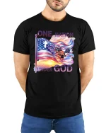 One Nation Under God T-shirt - model with hands behind back, wearing Black T-shirt and blue jeans