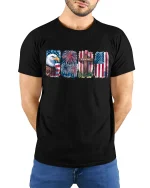 Eagle Fireworks One Nation Under God T-Shirt - model with hands behind back, wearing Black T-shirt and blue jeans