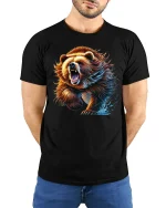 Roaring Grizzly Bear Wild Animal Tee - model with hands behind back, wearing Black T-shirt and blue jeans