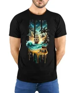 Pirate Treasure Island Ship Adventure Tee - model with hands behind back, wearing Black T-shirt and blue jeans