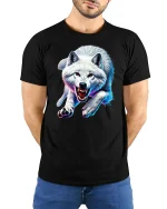 White Wolf T-Shirt Wild Animal Attack - model with hands behind back, wearing Black T-shirt and blue jeans