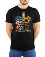Memorial Sunflower Tee USA Veteran Tribute - model with hands behind back, wearing Black T-shirt and blue jeans