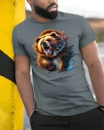 Roaring Grizzly Bear Wild Animal Tee - model leaning on yellow-black pole, wearing Gray T-shirt, hand in pocket