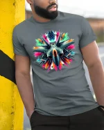 Fighter Jet Explosion Graphic T-shirt - model leaning on yellow-black pole, wearing Gray T-shirt, hand in pocket