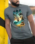 Pirate Treasure Island Ship Adventure Tee - model leaning on yellow-black pole, wearing Gray T-shirt, hand in pocket