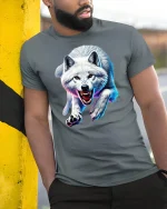 White Wolf T-Shirt Wild Animal Attack - model leaning on yellow-black pole, wearing Gray T-shirt, hand in pocket