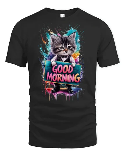 Good Morning Cat Cute Tee - black t-shirt on white background