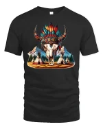 Tribal Buffalo Skull Feather Tee - black t-shirt on white background