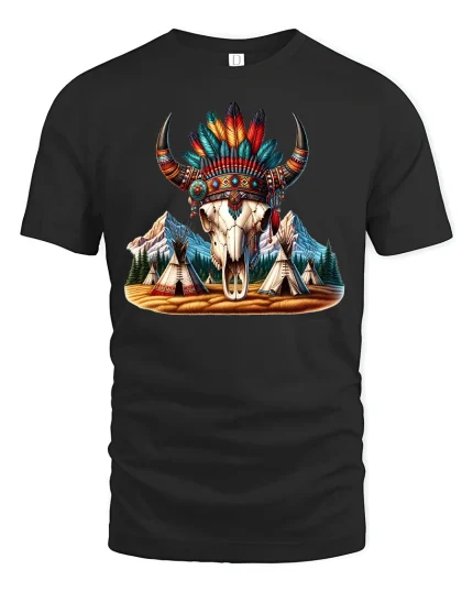 Tribal Buffalo Skull Feather Tee - black t-shirt on white background
