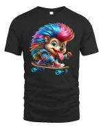 Punk Hedgehog Skateboarder Tee - black t-shirt on white background