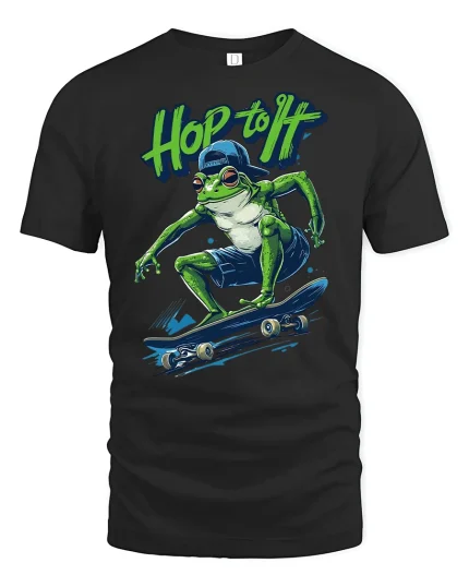 Hop to It Frog Skateboard Tee - black t-shirt on white background