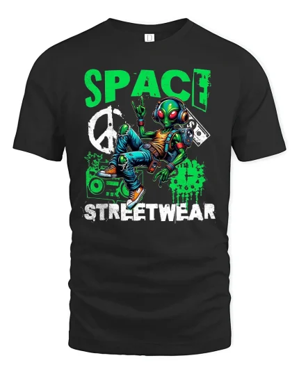 Space Alien Streetwear Tee - black t-shirt on white background