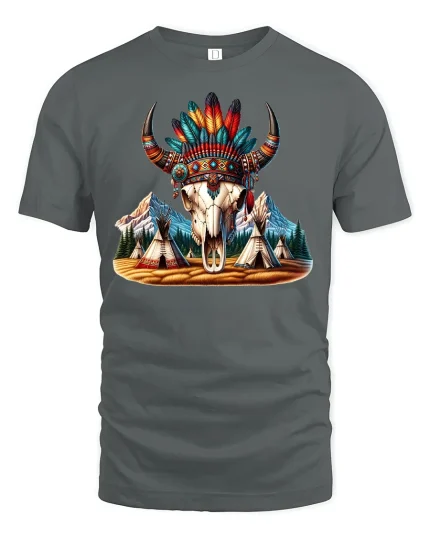Tribal Buffalo Skull Feather Tee - gray t-shirt on white background