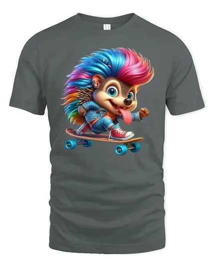 Punk Hedgehog Skateboarder Tee - gray t-shirt on white background
