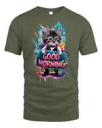 Good Morning Cat Cute Tee - military green t-shirt on white background