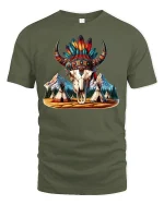 Tribal Buffalo Skull Feather Tee - military green t-shirt on white background