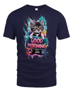 Good Morning Cat Cute Tee - navy t-shirt on white background