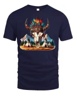 Tribal Buffalo Skull Feather Tee - navy t-shirt on white background