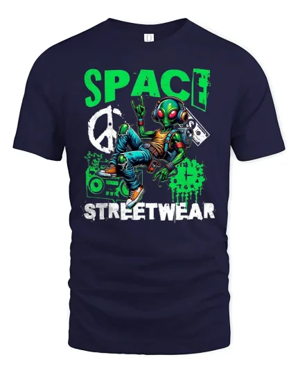 Space Alien Streetwear Tee - navy t-shirt on white background