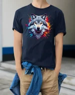 Alpha Wolf Graphic Tee - model wearing Navy T-shirt, hands in pockets, denim shirt at waist