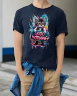 Good Morning Cat Cute Tee - model wearing Navy T-shirt, hands in pockets, denim shirt at waist